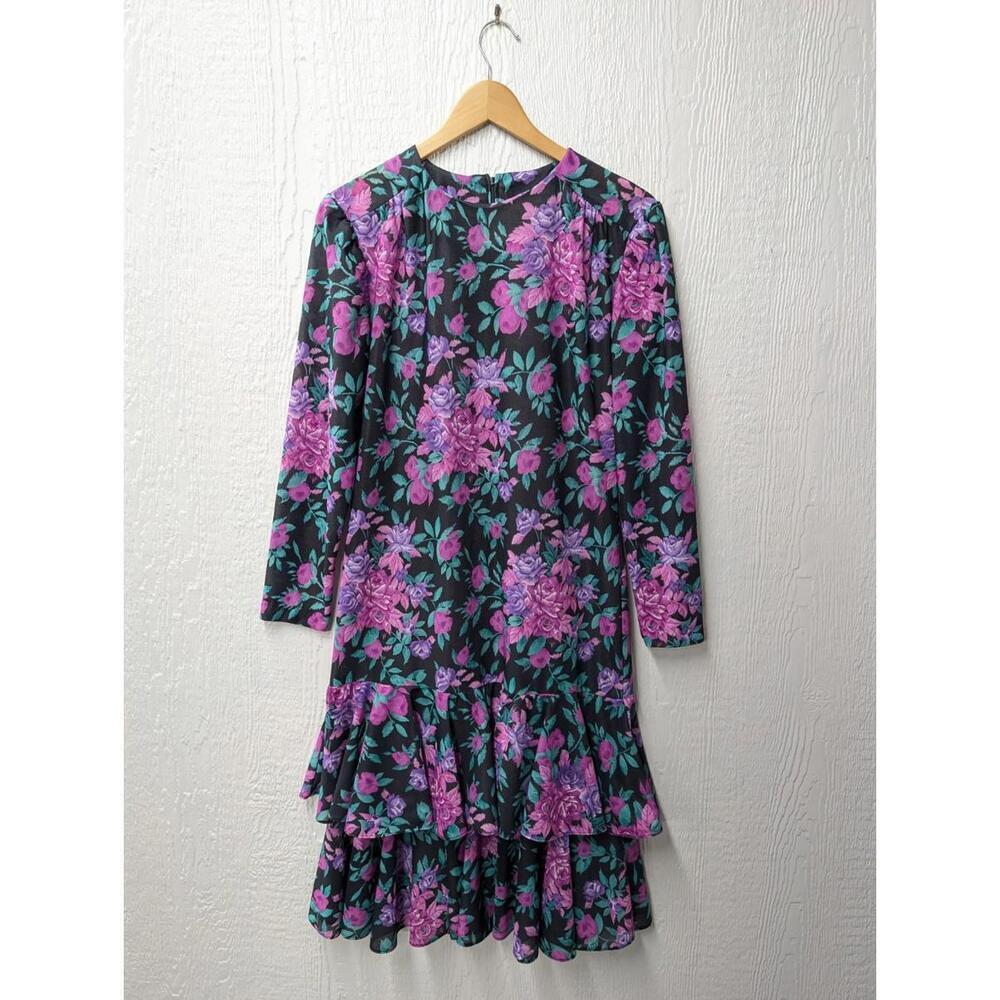Vintage 80s Anthony Richards Purple Floral Ruffle Long Sleeve Dress Size 12